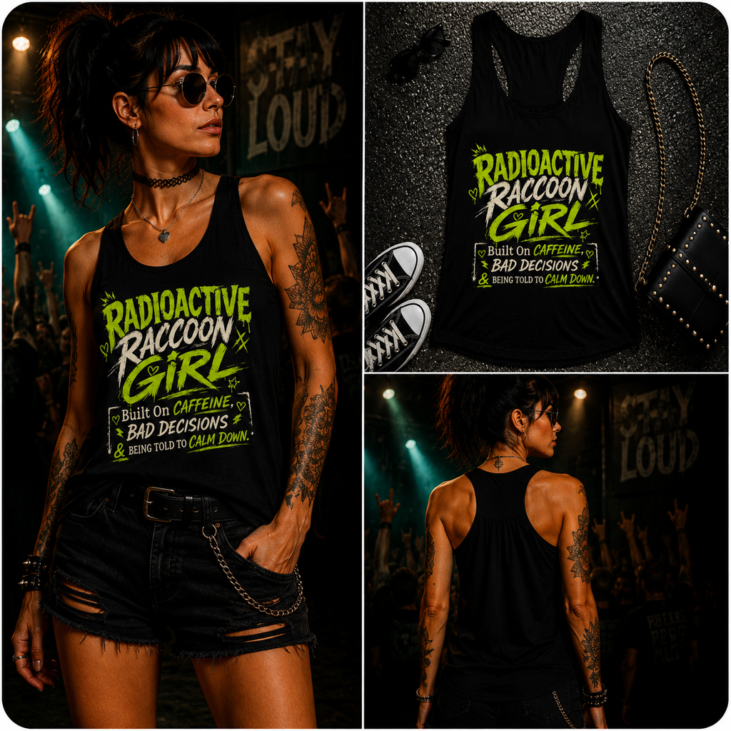 Radioactive Raccoon Girl Flowy Racerback Tank